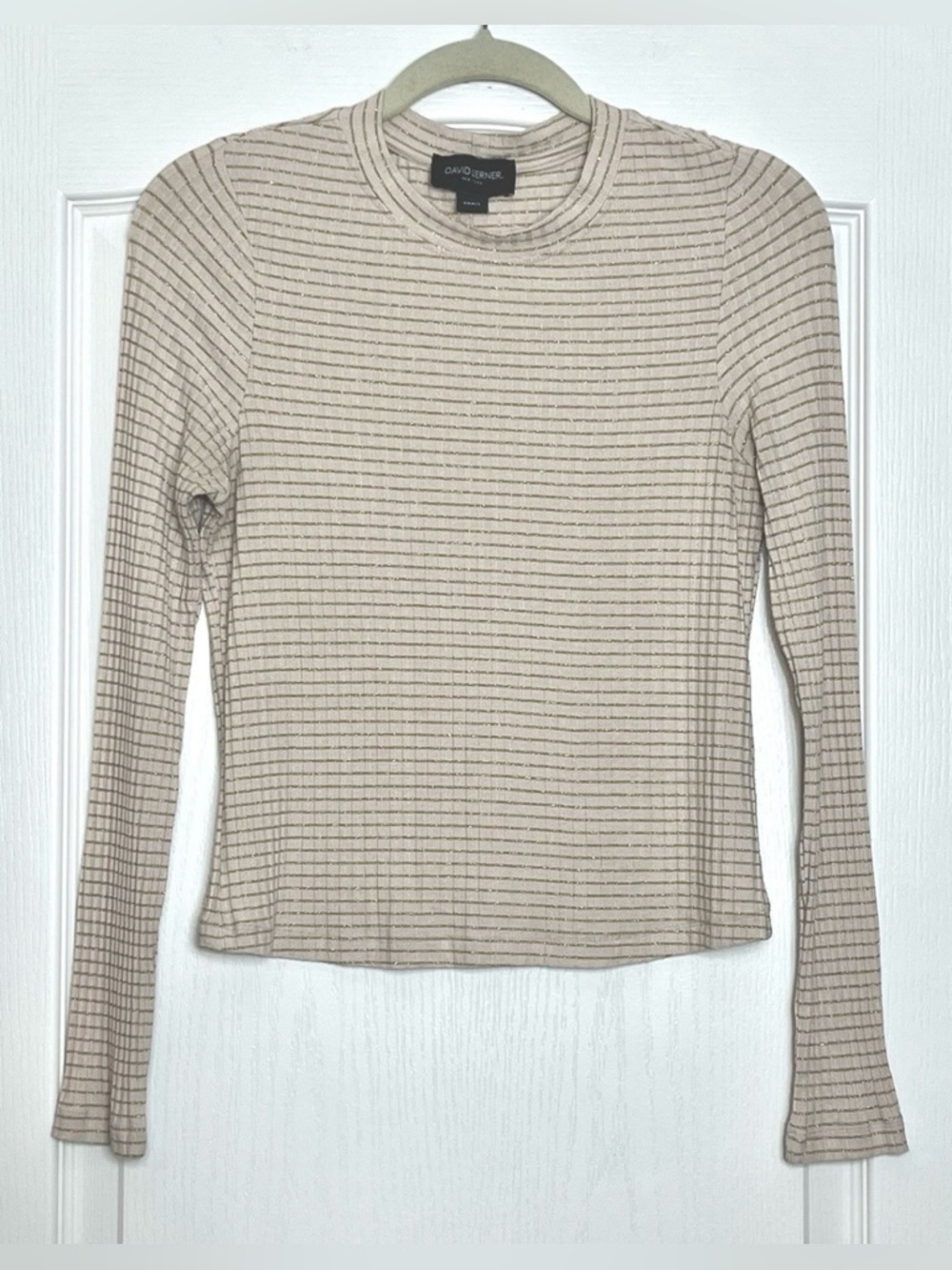 David Lerner Beige Ribbed Gold Stripe Long Sleeve Top Size S Stretch Neutral